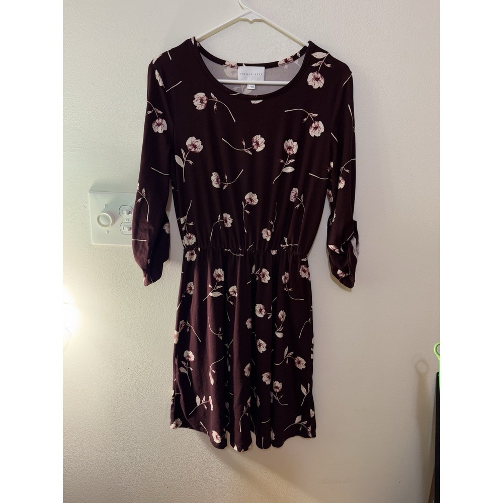 French Grey Mauve Floral Long Sleeved‎ Dress Women's Size S